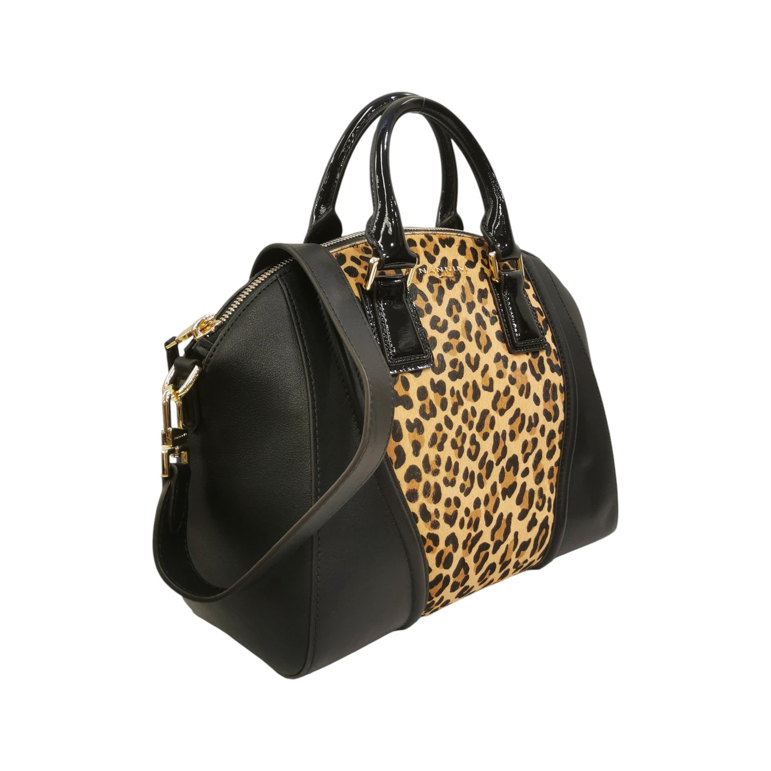 Nannini Firenze Borsa a Mano Glamour Donna in Pelle Nera con Stampa Leopardata