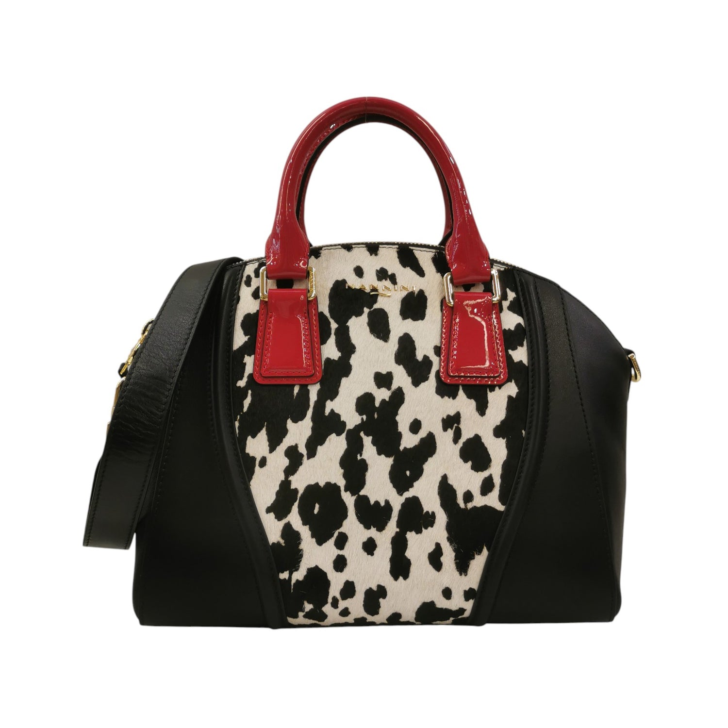 Nannini Firenze Borsa a Mano Glamour Donna in Pelle Nero Latte con Stampa Leopardata