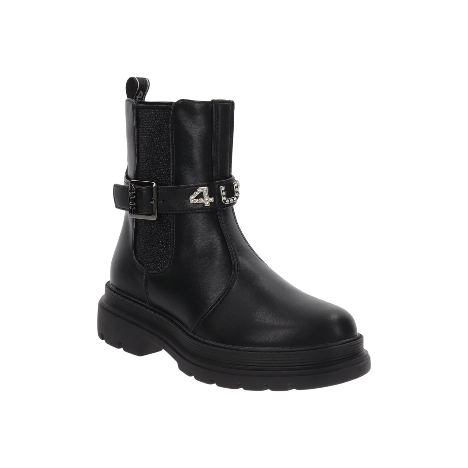 4US Stivaletto Bambina in Ecopelle Nera con Fibbia e Logo Gioiello