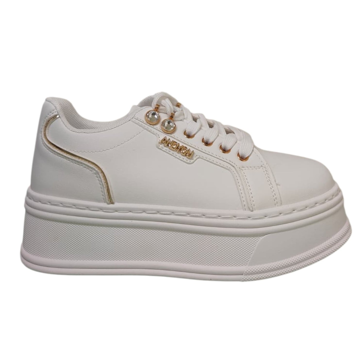 Ninì Sneakers Donna in Ecopelle Bianca Platform con Dettagli Oro