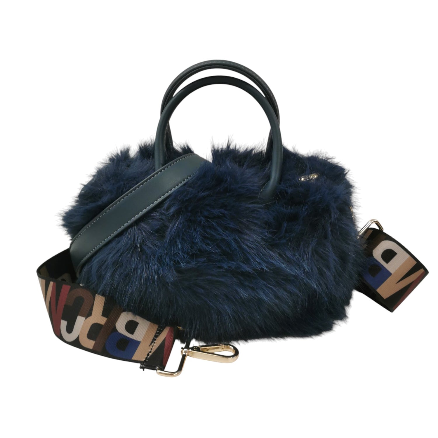 M Brc Borsa a Mano Piccola Donna Linea Glam in Pelliccia Sintetica Blu con Doppia Tracolla