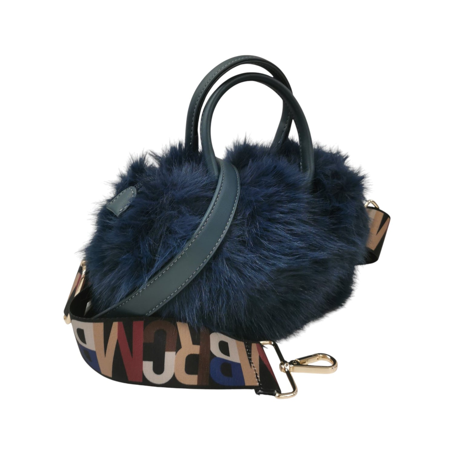 M Brc Borsa a Mano Piccola Donna Linea Glam in Pelliccia Sintetica Blu con Doppia Tracolla
