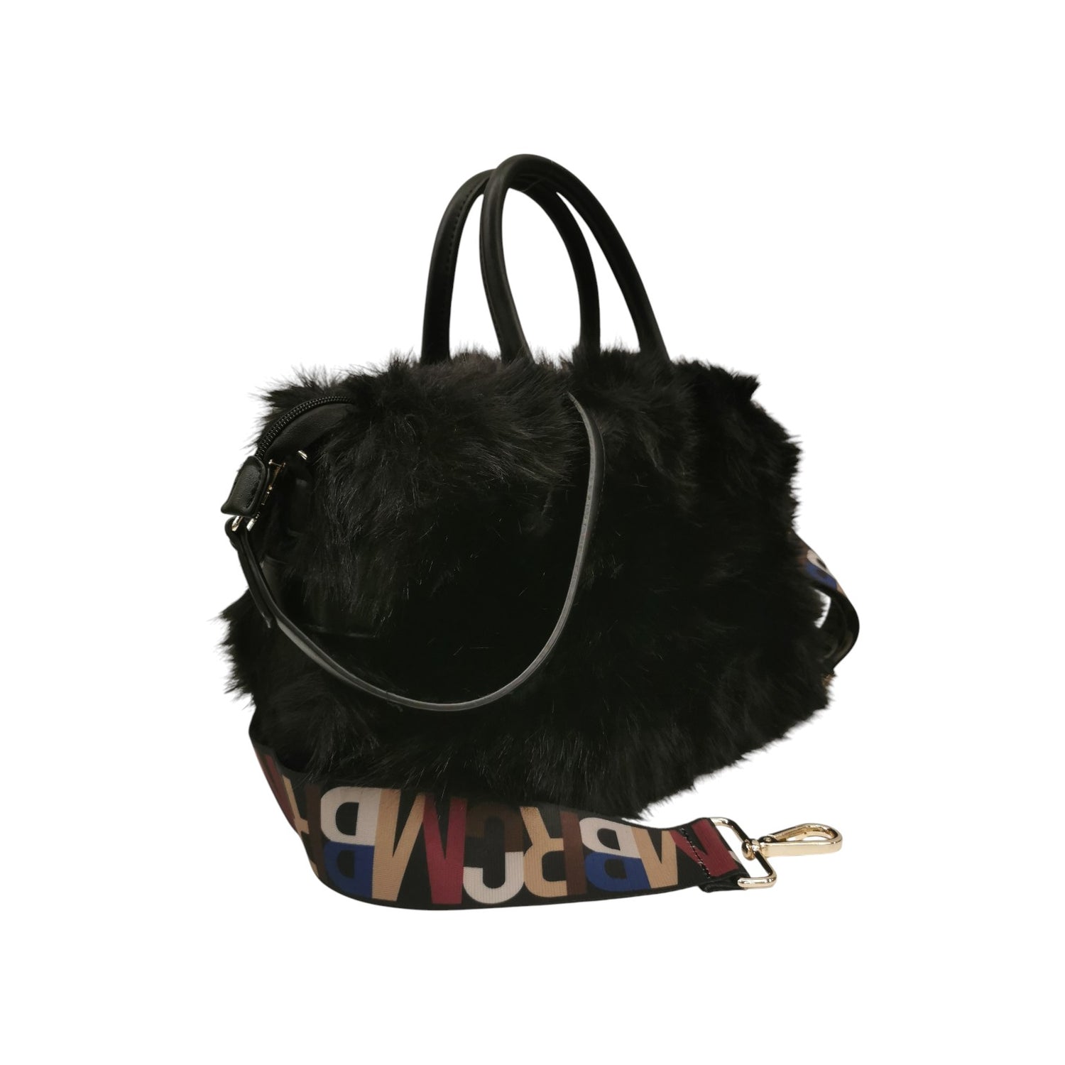 M Brc Borsa a Mano Piccola Donna Linea Glam in Pelliccia Sintetica Nera con Doppia Tracolla