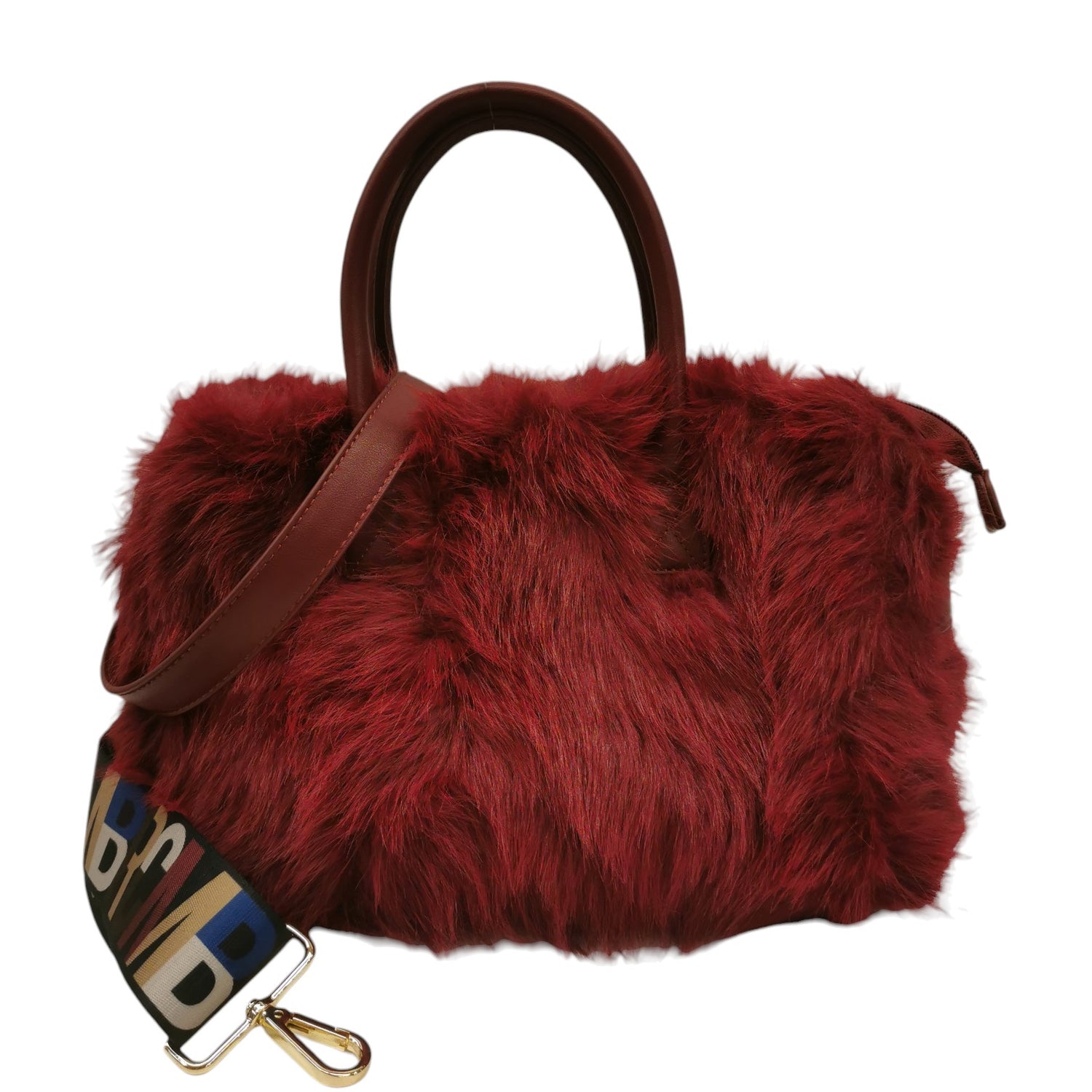 M Brc Borsa a Mano Media Donna Linea Glam in Pelliccia Sintetica Bordeaux con Doppia Tracolla