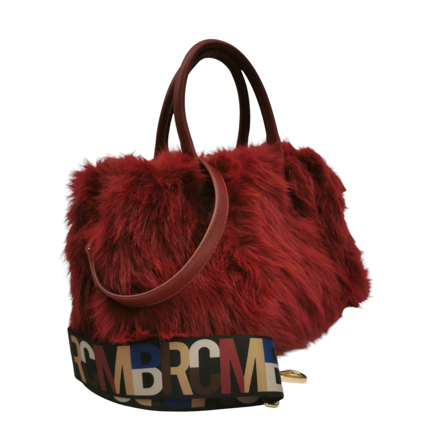 M Brc Borsa a Mano Media Donna Linea Glam in Pelliccia Sintetica Bordeaux con Doppia Tracolla