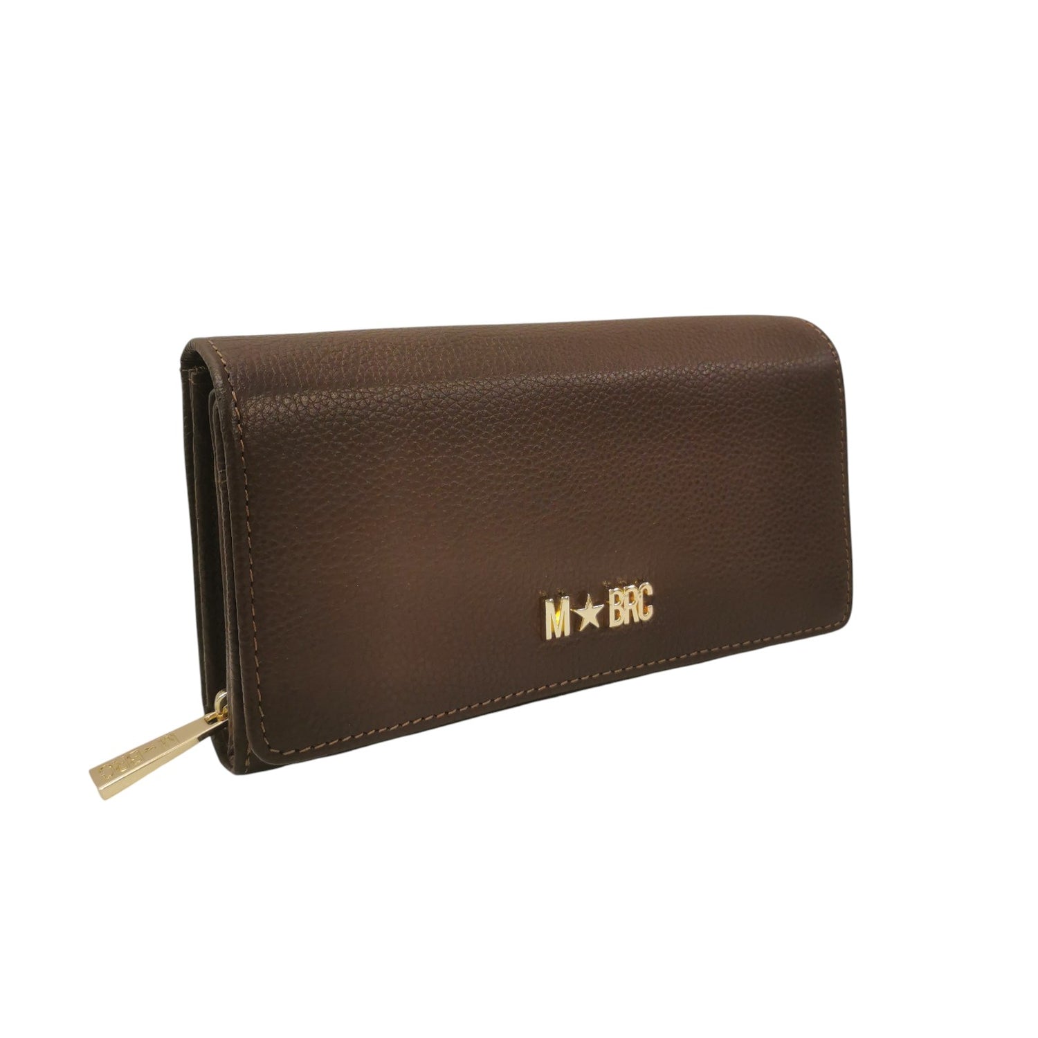 M Brc Portafoglio Donna in Pelle Martellata Marrone con Bottone Magnetico e Zip