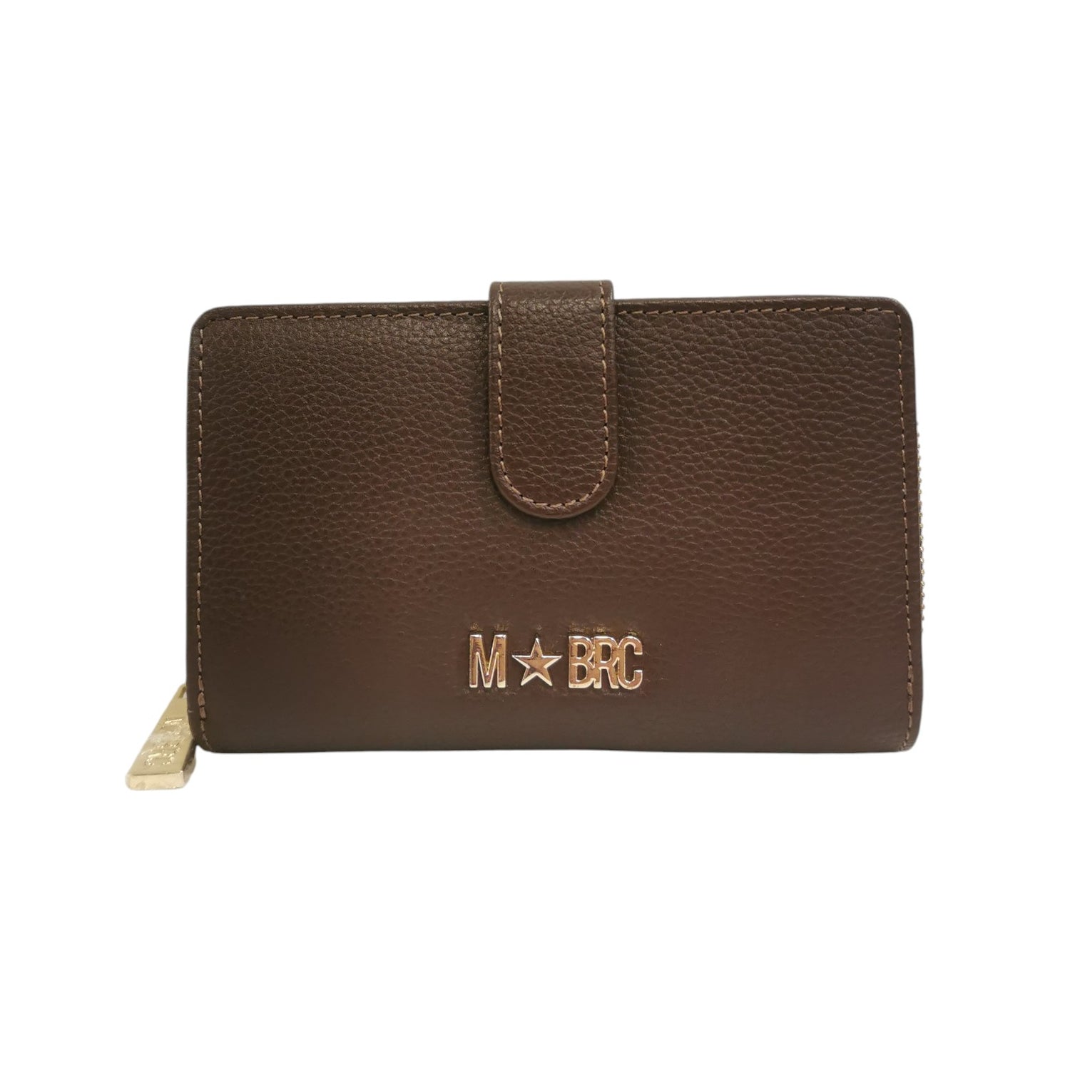 M Brc Portafoglio Medio Donna in Pelle Martellata Marrone con Bottone