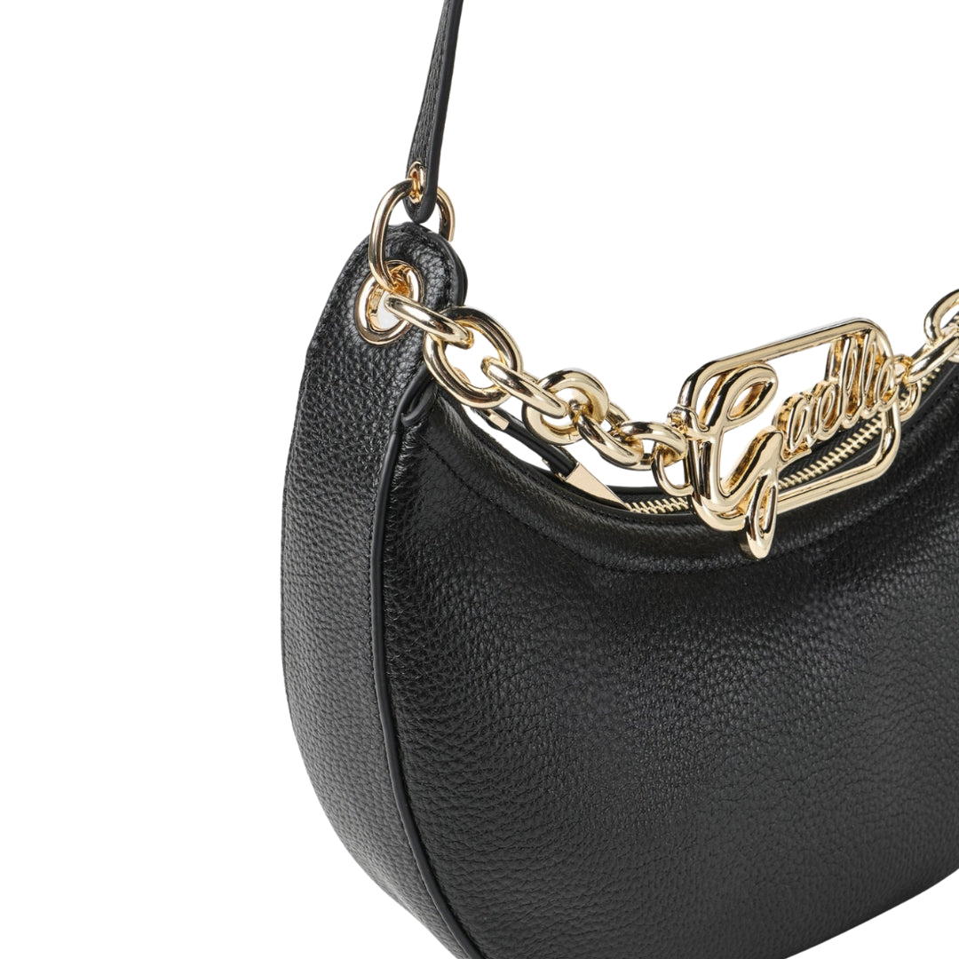 Gaelle Borsa a Tracolla Grande Mezzaluna in Ecopelle Nera con Logo Lettering