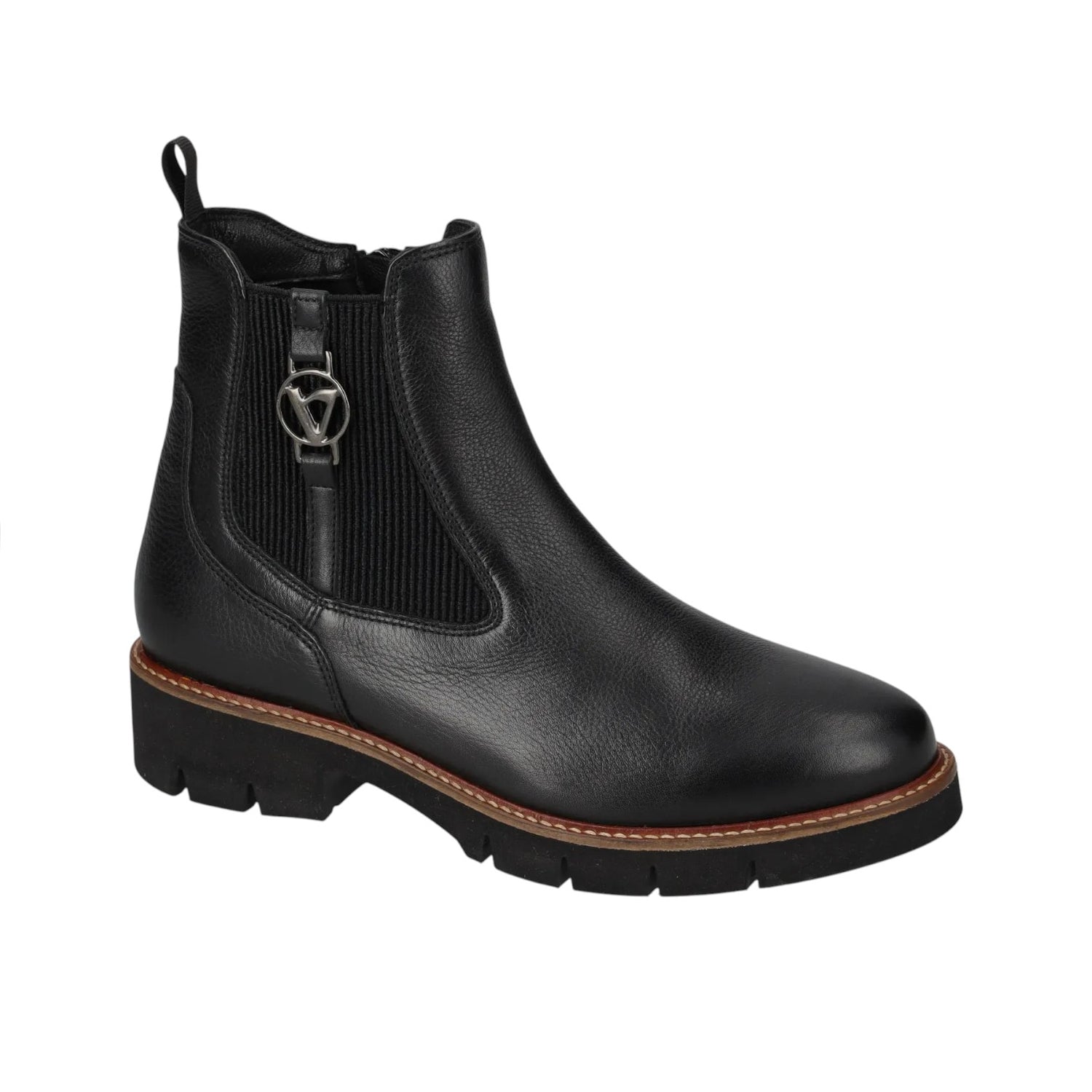 Valleverde Stivaletto Donna in Pelle Nera con Elastico e Accessorio Logato