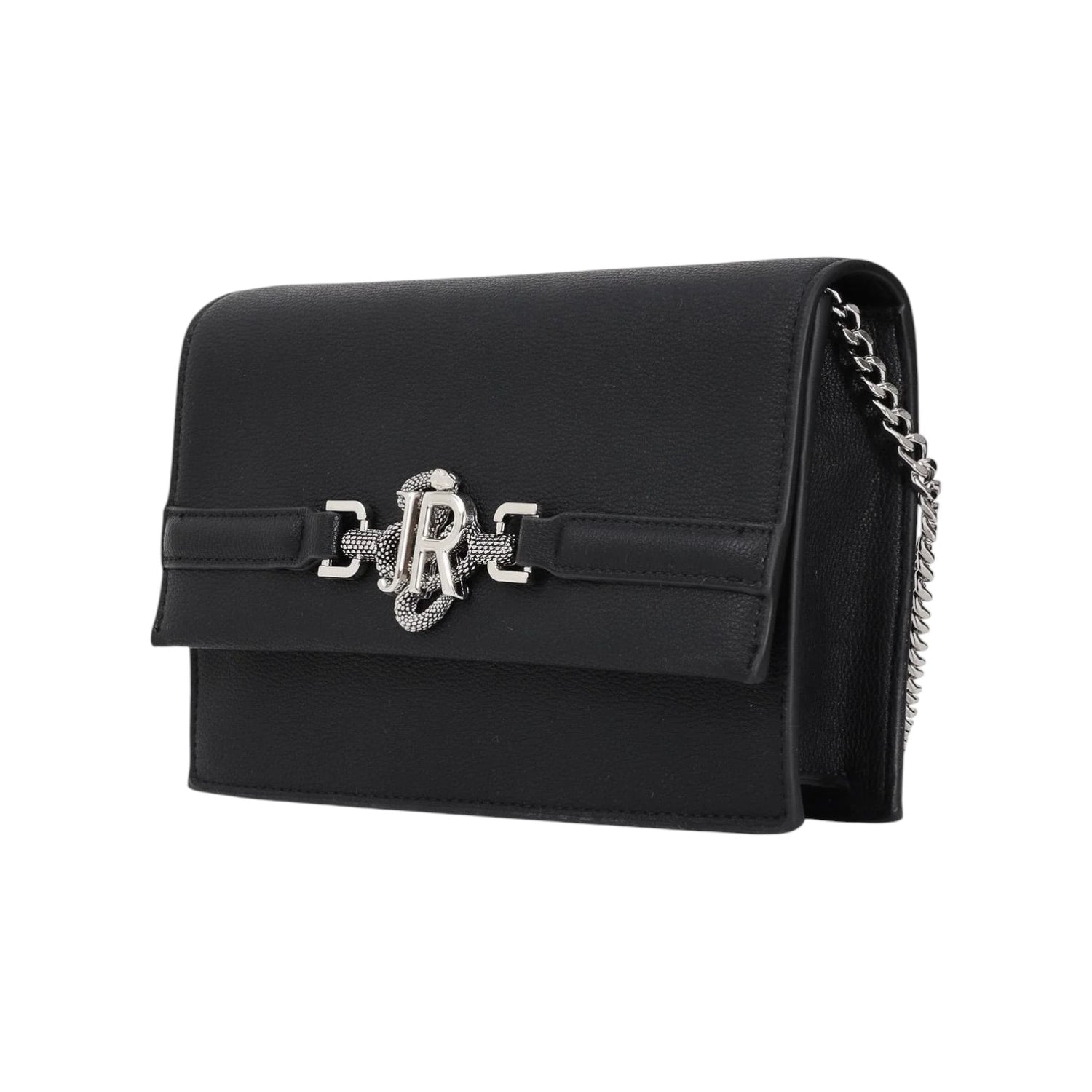 John Richmond Borsa a Tracolla Donna in Ecopelle Nera con Snake e Catena Argento