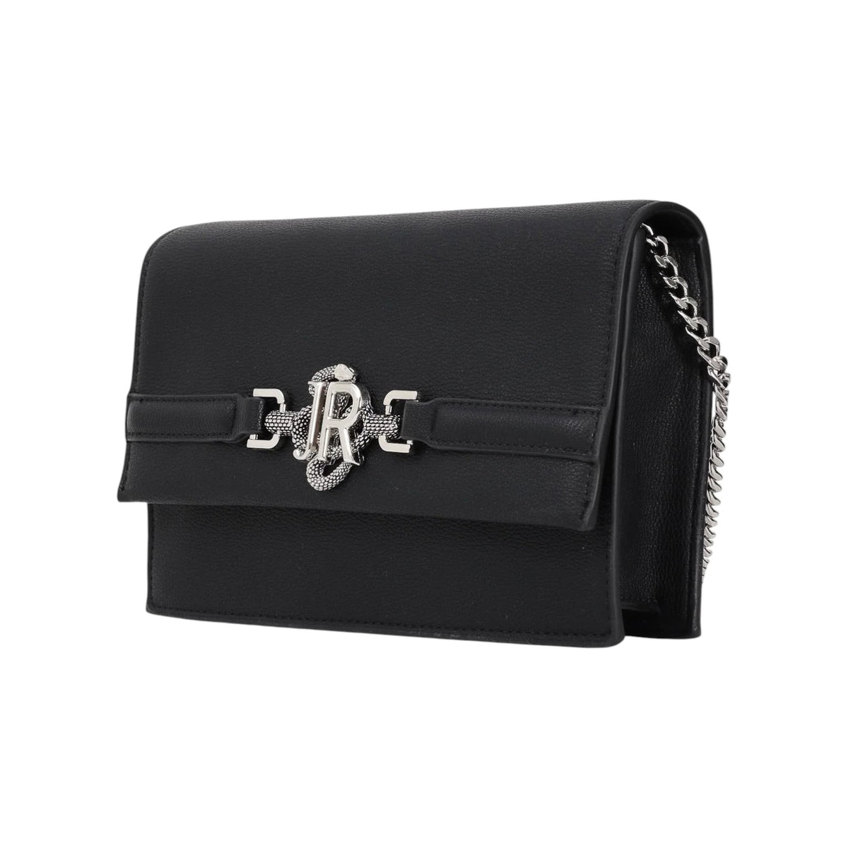 John Richmond Borsa a Tracolla Donna in Ecopelle Nera con Snake e Catena Argento