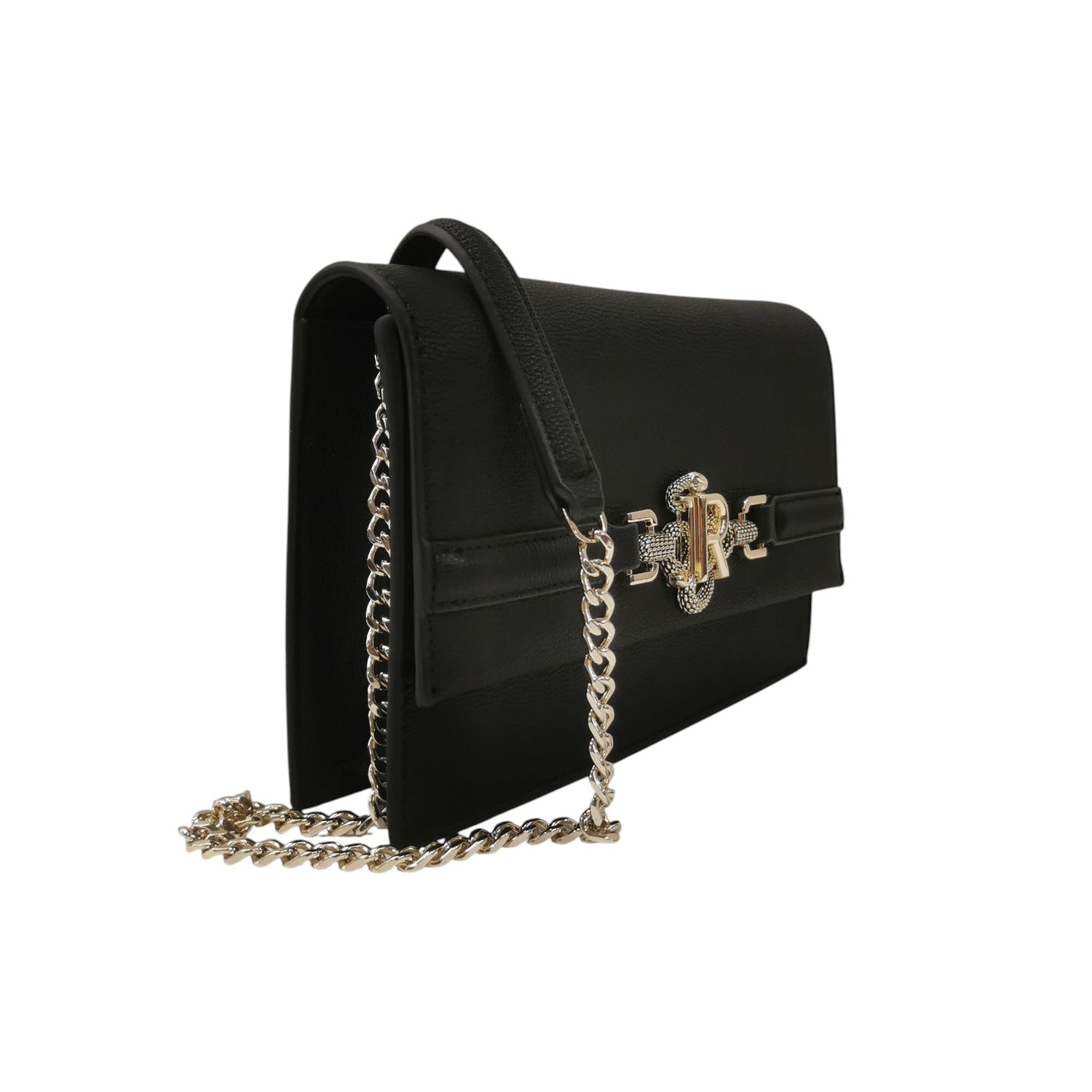 John Richmond Borsa a Tracolla Donna in Ecopelle Nera con Snake e Catena Oro