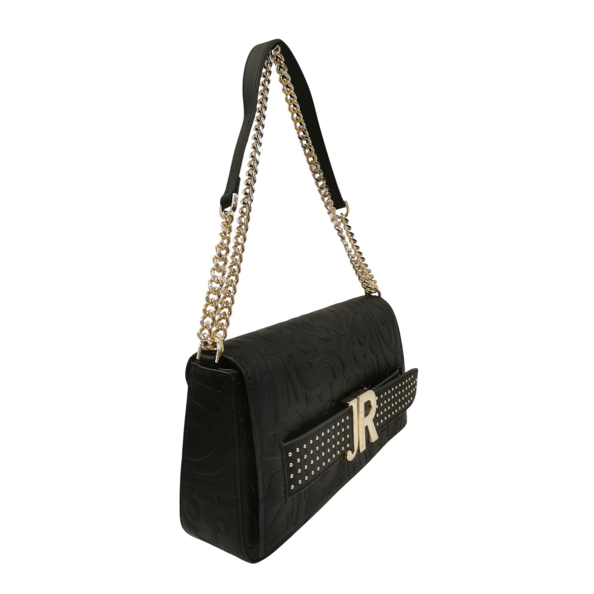 John Richmond Borsa a Tracolla Donna in Ecopelle Nera con Catena e Borchie Oro