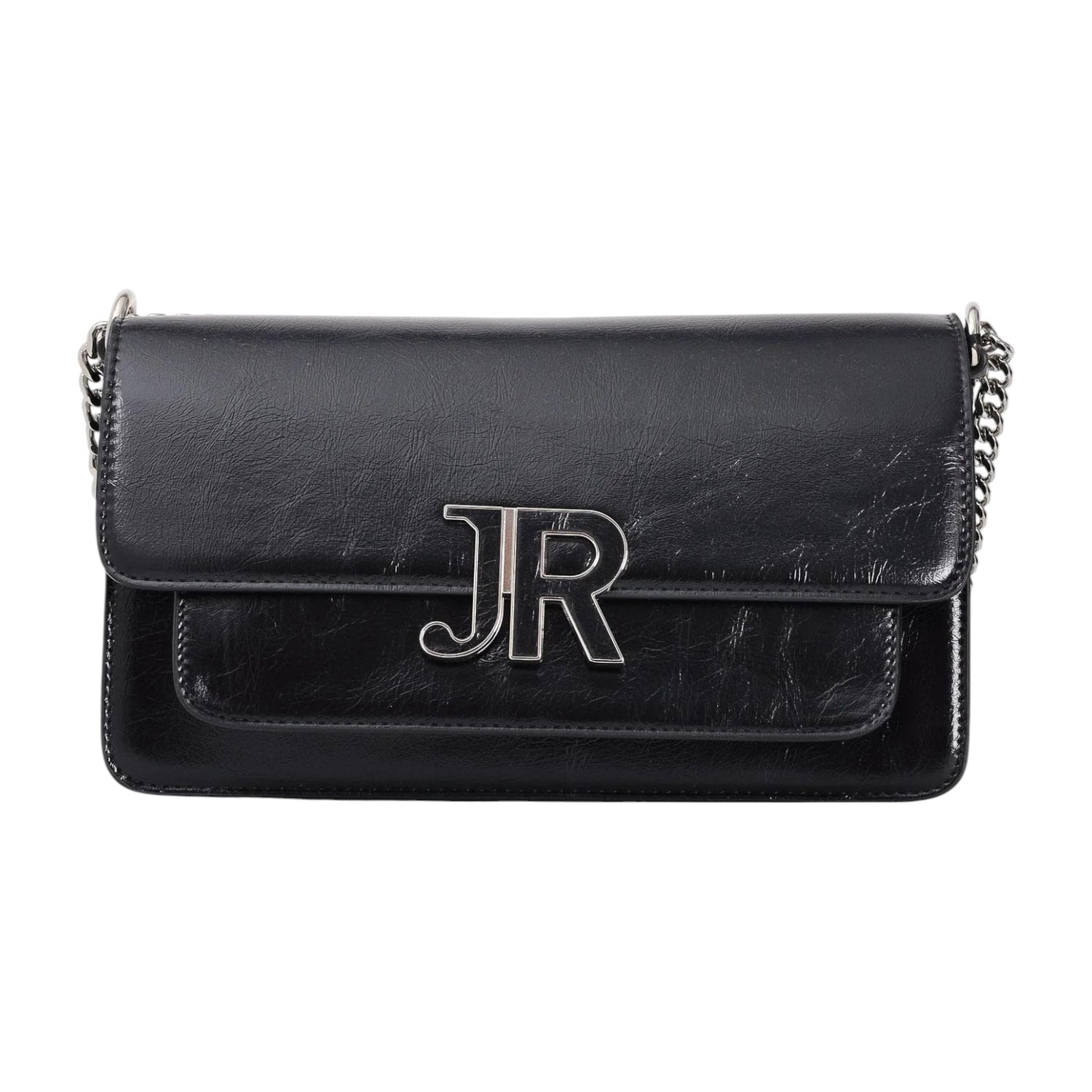John Richmond Borsa a Tracolla Donna in Ecopelle Lucida Nera con Logo e Catena Argento