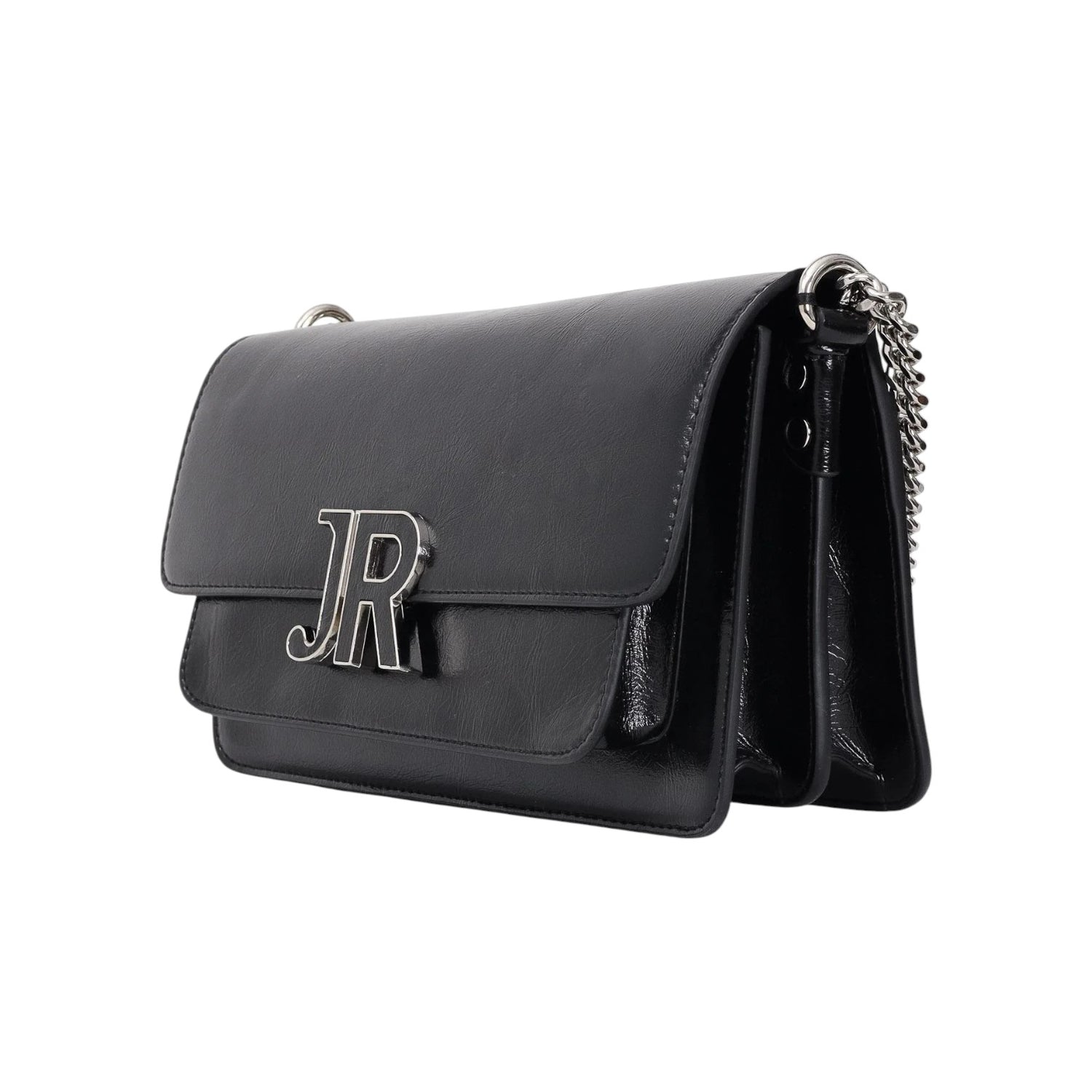 John Richmond Borsa a Tracolla Donna in Ecopelle Lucida Nera con Logo e Catena Argento