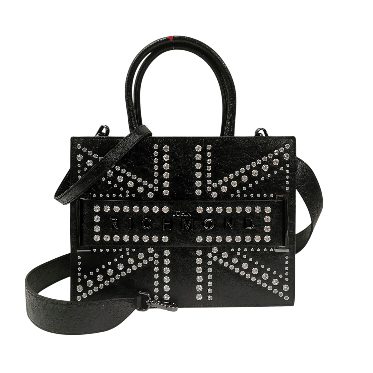 John Richmond Borsa a Mano Donna in Ecopelle Nera con Doppia Tracolla e Borchie Argento