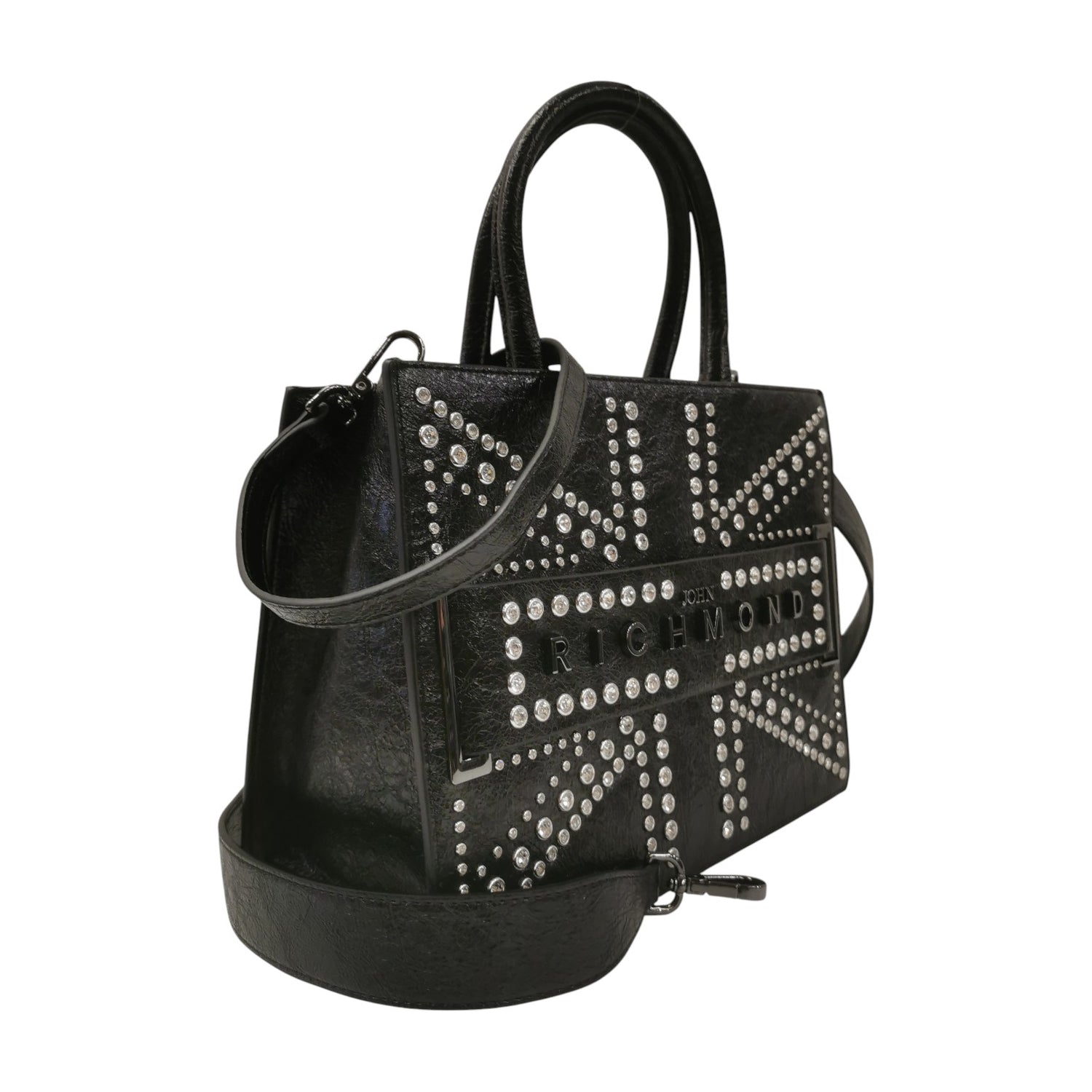 John Richmond Borsa a Mano Donna in Ecopelle Nera con Doppia Tracolla e Borchie Argento