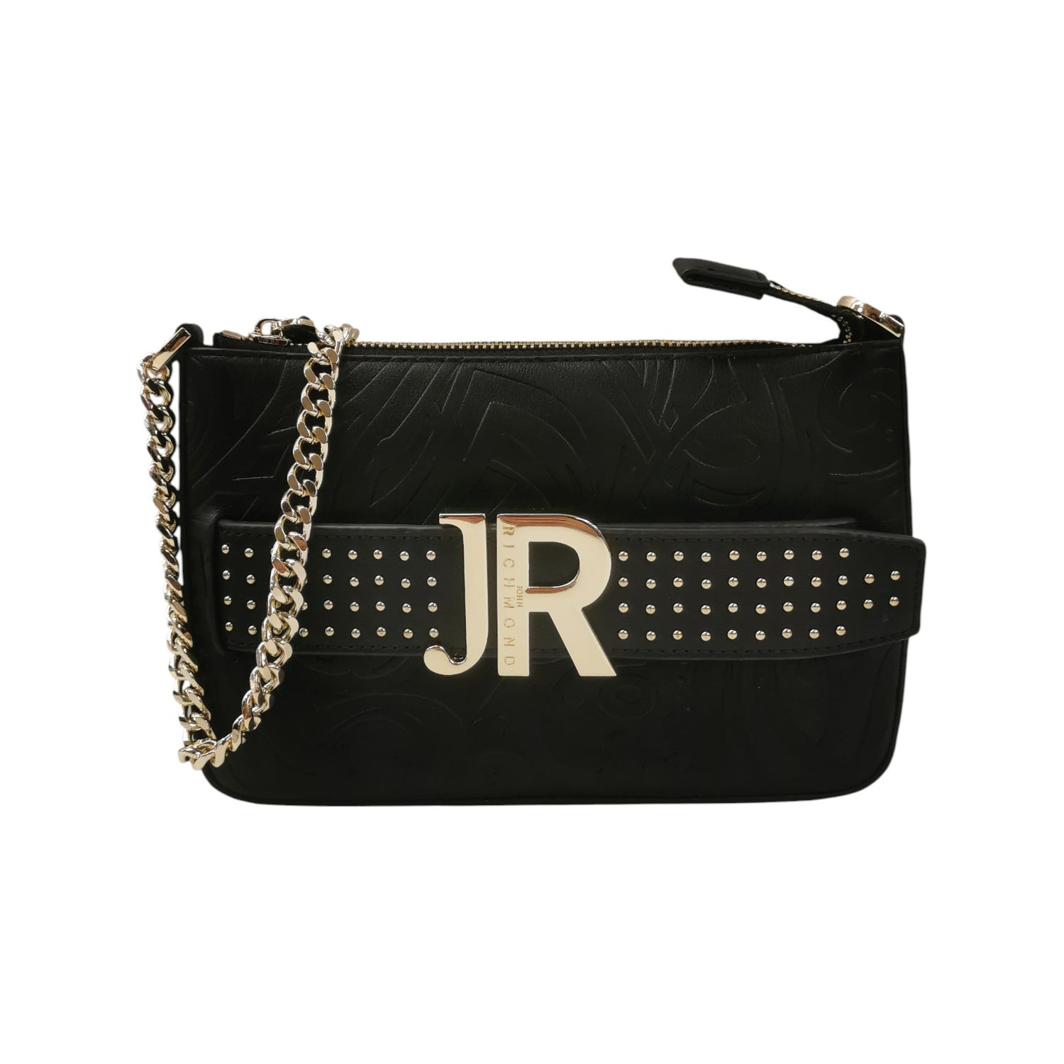 John Richmond Borsa a Tracolla Donna in Ecopelle Nera con Catena Dorata e Logo