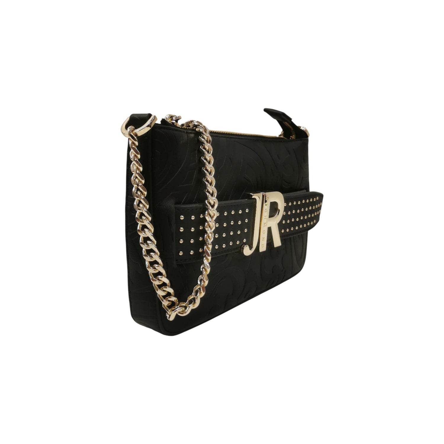 John Richmond Borsa a Tracolla Donna in Ecopelle Nera con Catena Dorata e Logo