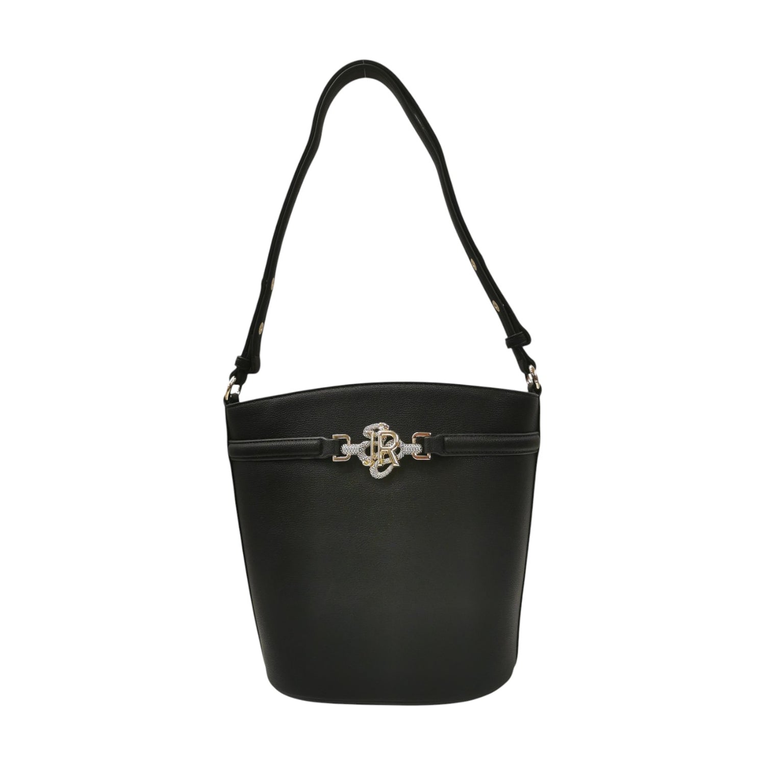 John Richmond Borsa a Tracolla Media Donna in Ecopelle Nera Oro con Portatessere