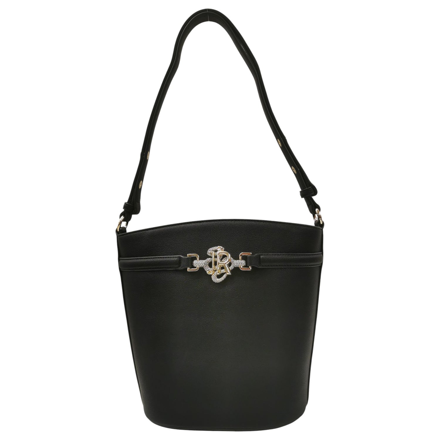 John Richmond Borsa a Tracolla Grande Donna in Ecopelle Nera Oro con Zip e Portatessere