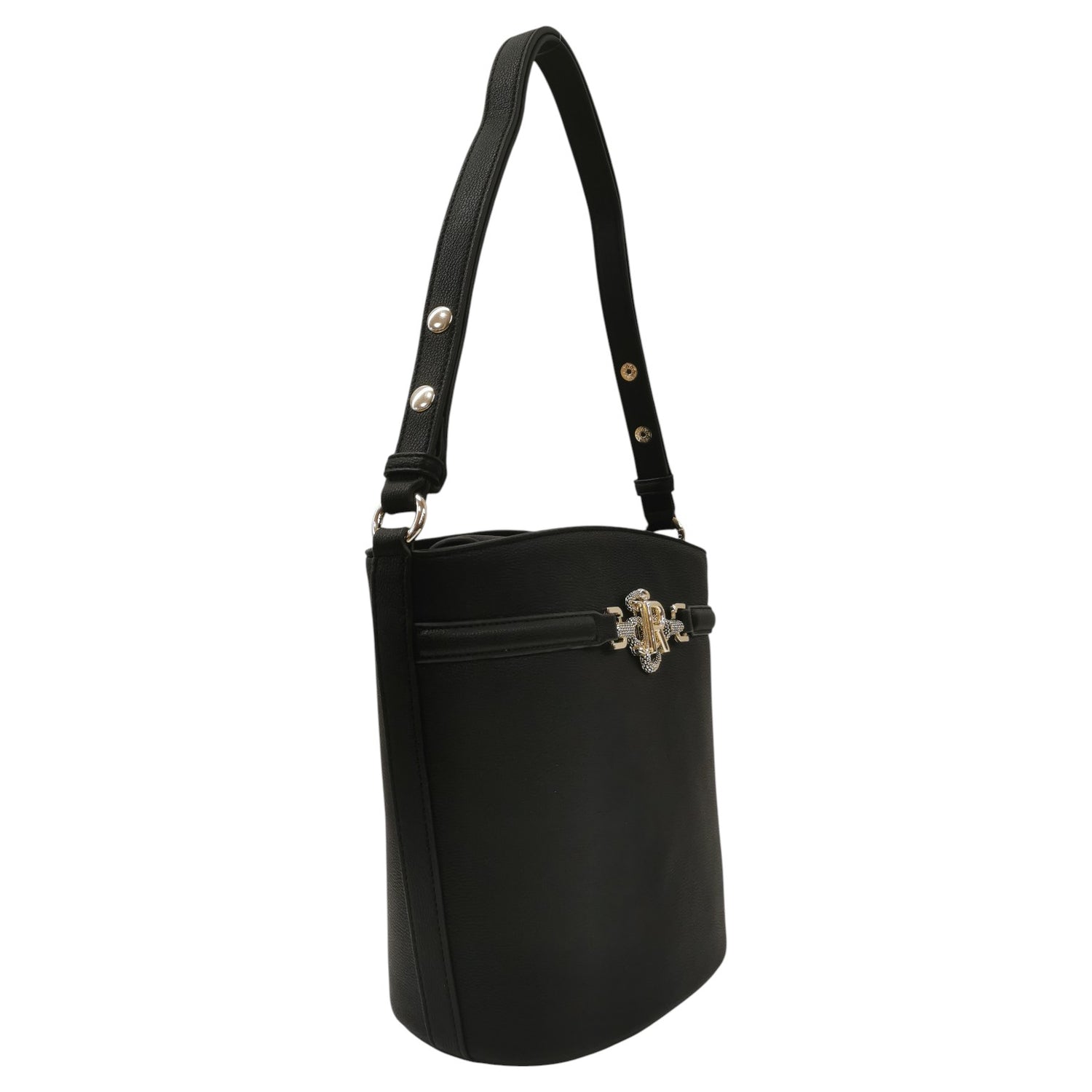 John Richmond Borsa a Tracolla Grande Donna in Ecopelle Nera Oro con Zip e Portatessere