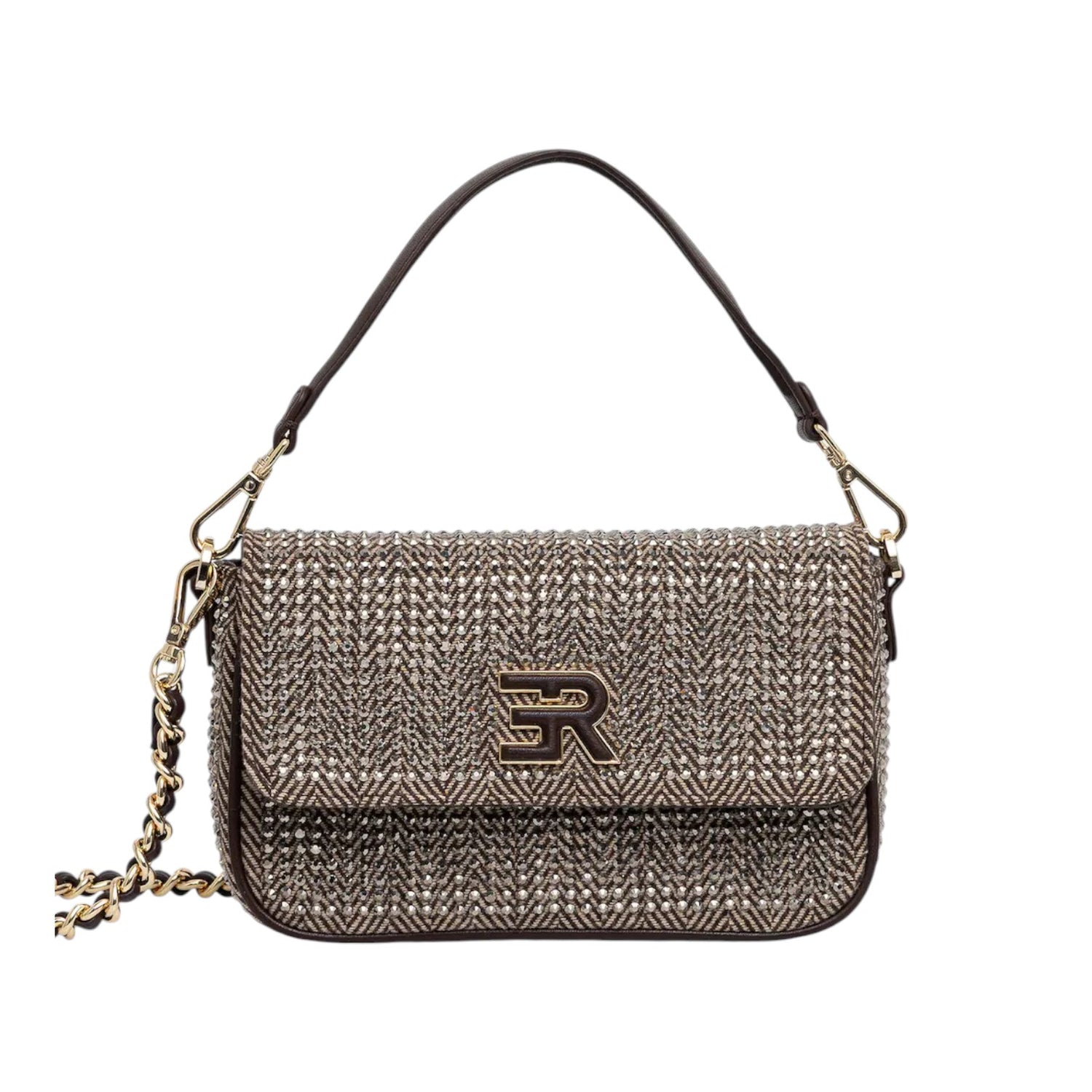 Ermanno Scervino Borsa a Spalla Donna Marrone con Strass All Over e Tracolla