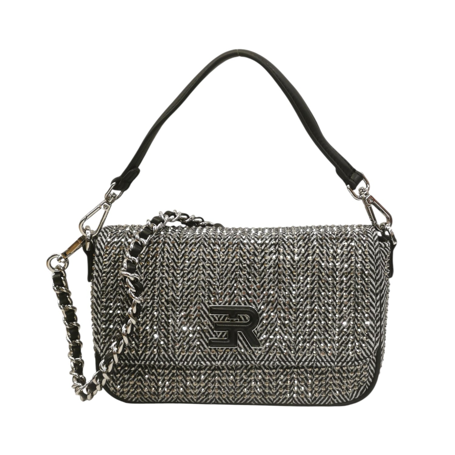 Ermanno Scervino Borsa a Spalla Donna Nera con Strass All Over e Tracolla