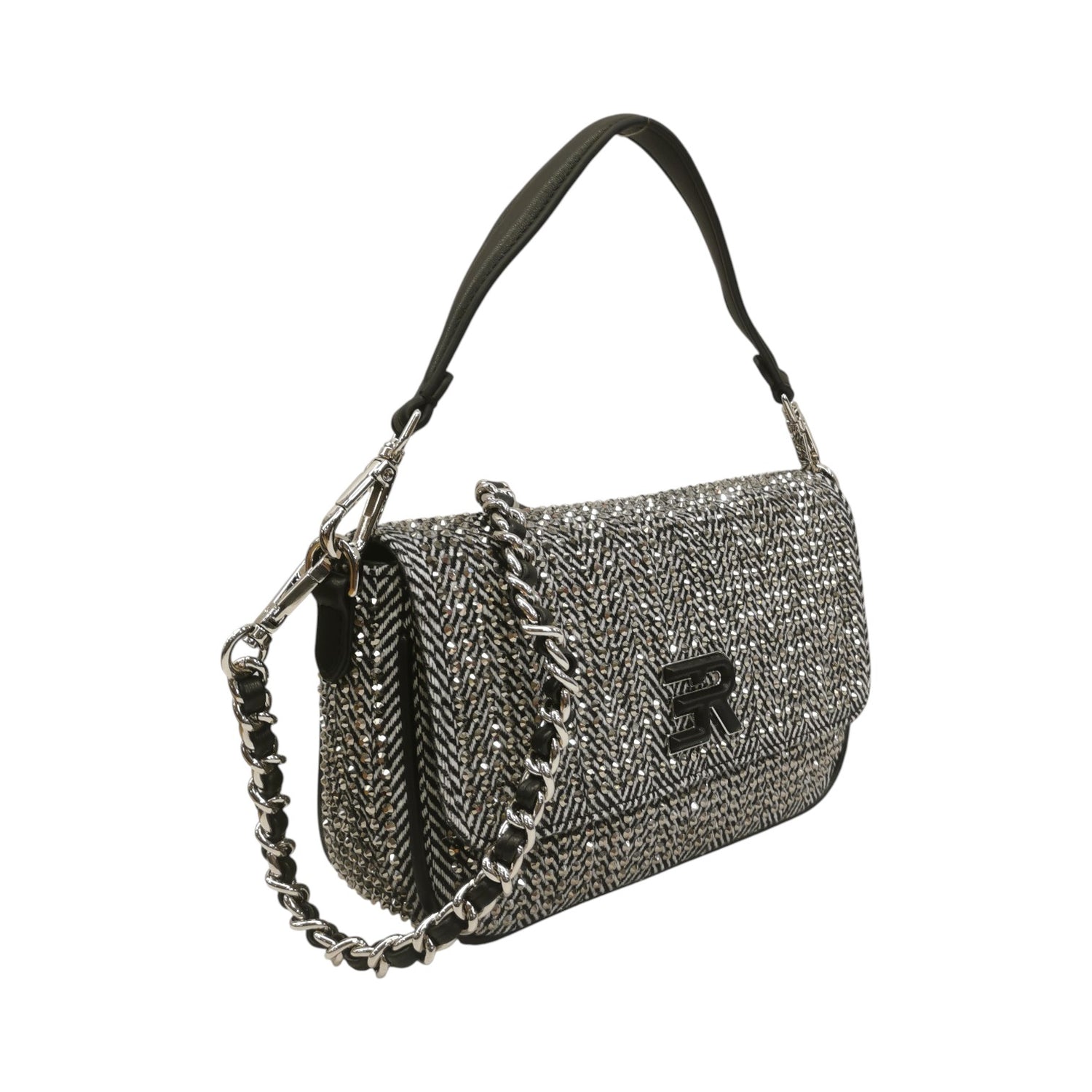 Ermanno Scervino Borsa a Spalla Donna Nera con Strass All Over e Tracolla
