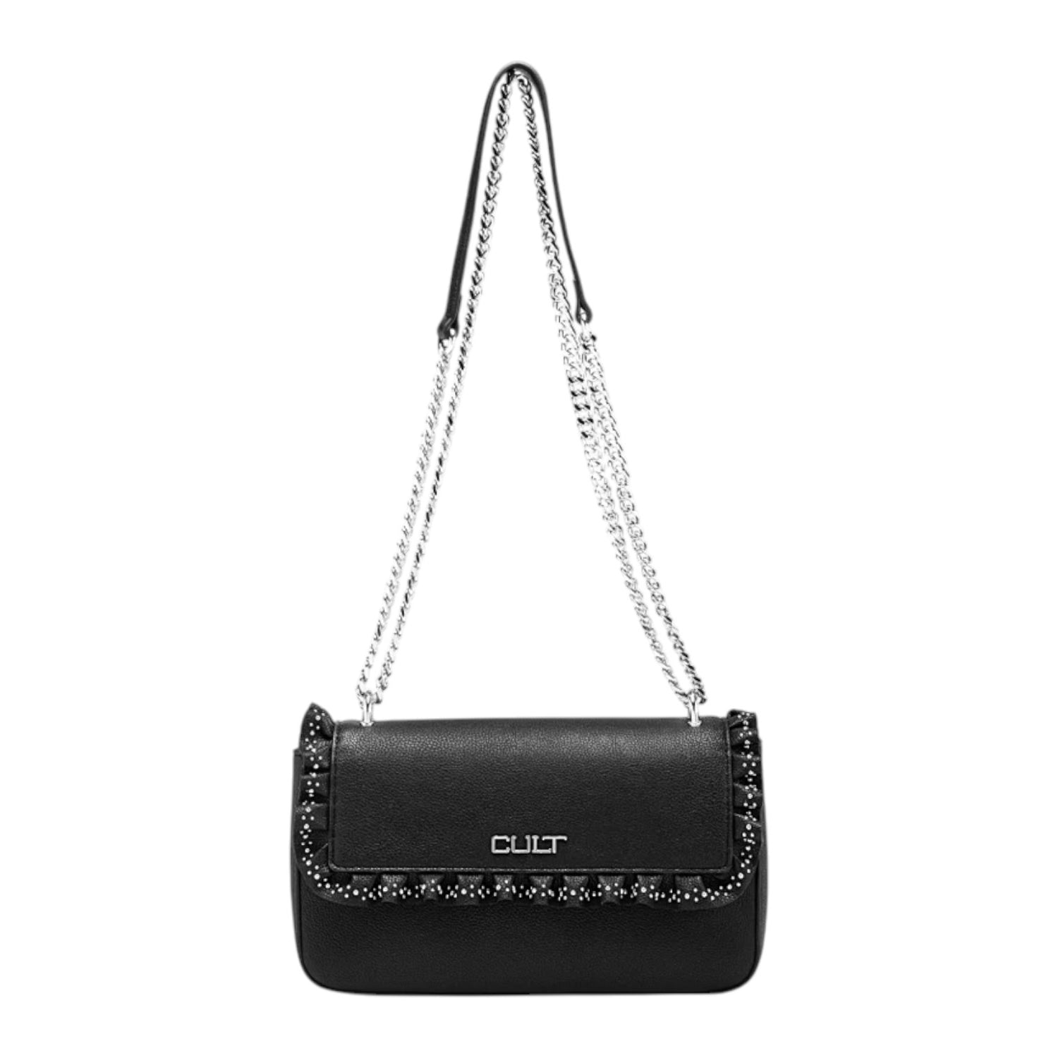 Cult Borsa a Tracolla Donna Yoko in Ecopelle Nera con Rouches e Patta