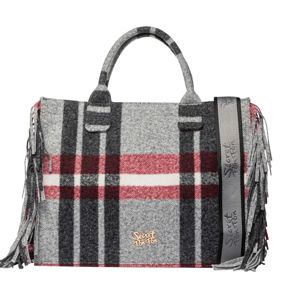 Secret Pon Pon Isabella Tote L Borsa a Mano Donna in Tessuto Rosso Grigio con Tracolla