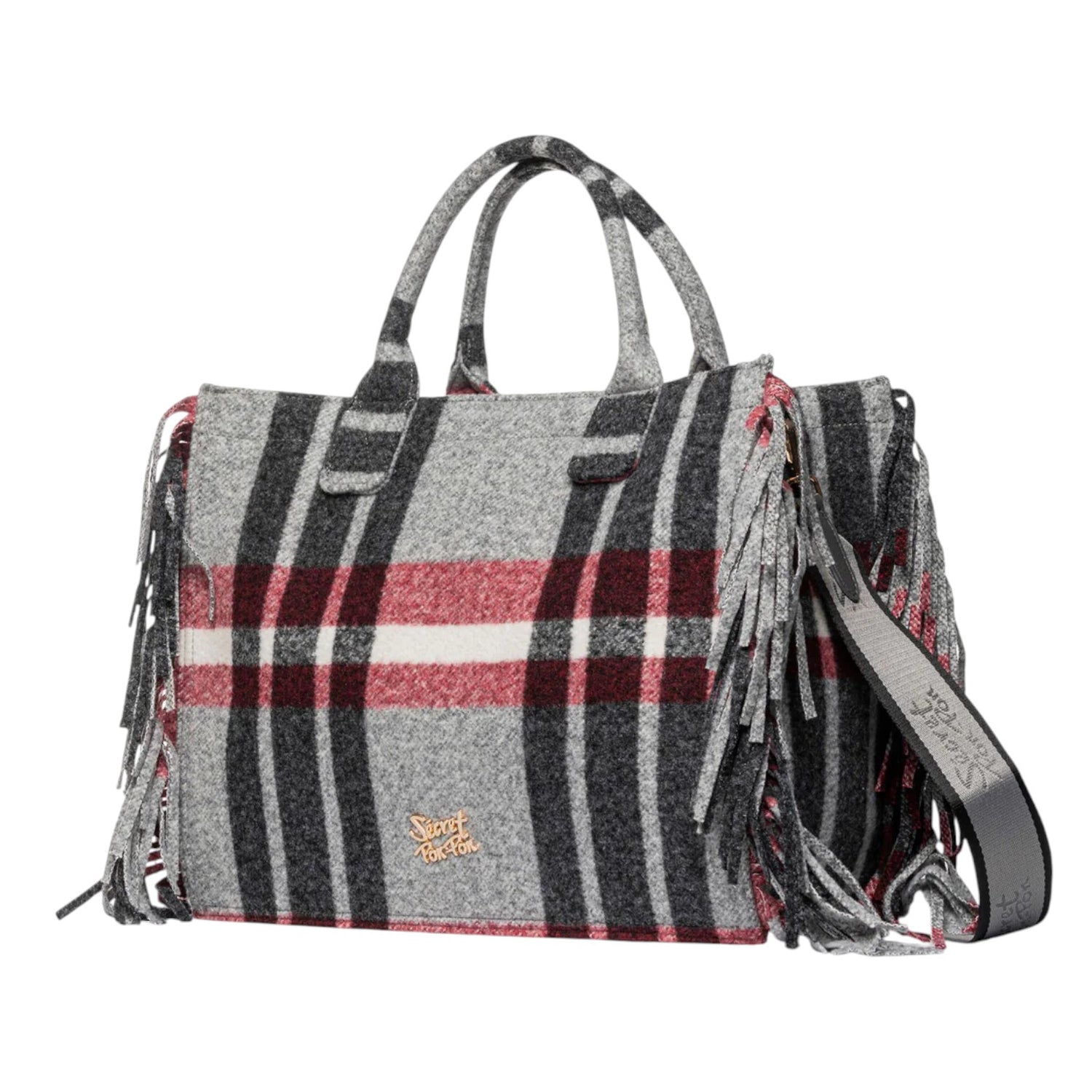 Secret Pon Pon Isabella Tote L Borsa a Mano Donna in Tessuto Rosso Grigio con Tracolla