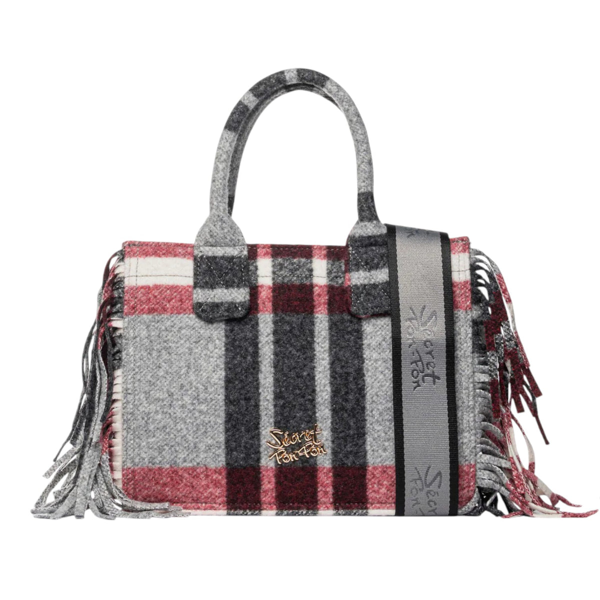 Secret Pon Pon Isabella Tote Small Borsa a Mano Donna in Tessuto Rosso Grigio con Tracolla