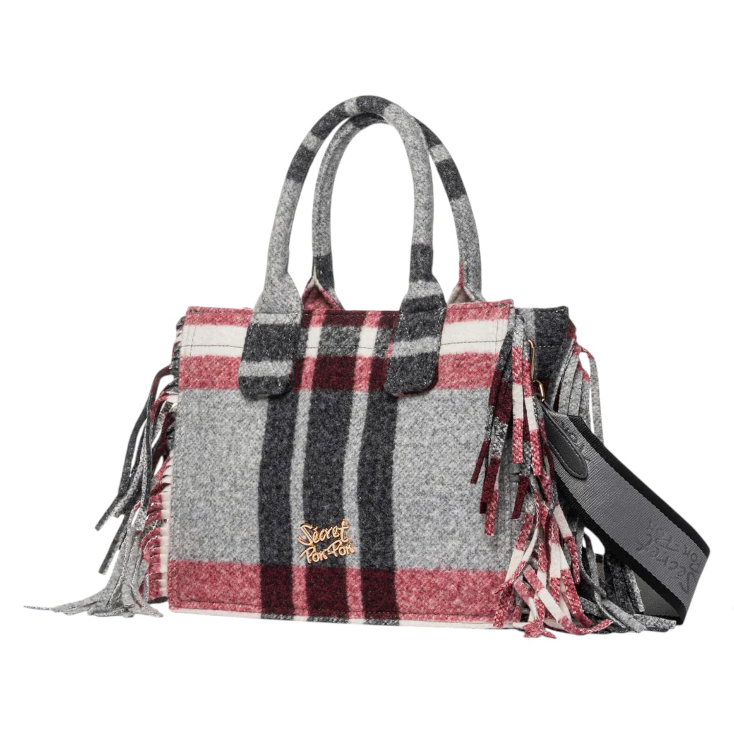 Secret Pon Pon Isabella Tote Small Borsa a Mano Donna in Tessuto Rosso Grigio con Tracolla