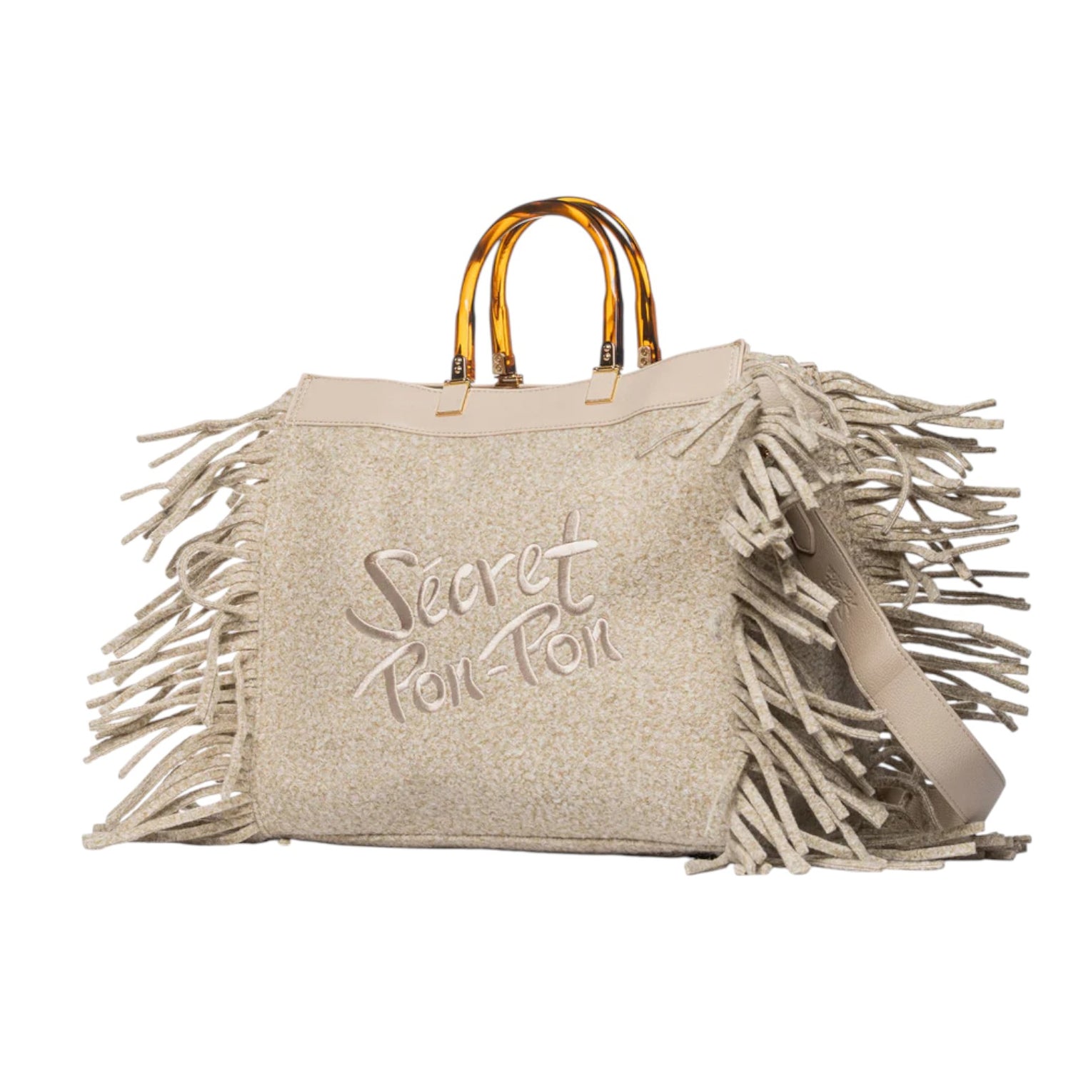 Secret Pon Pon Jacqueline Tote L Borsa a Mano Donna in Tessuto Crema con Frange