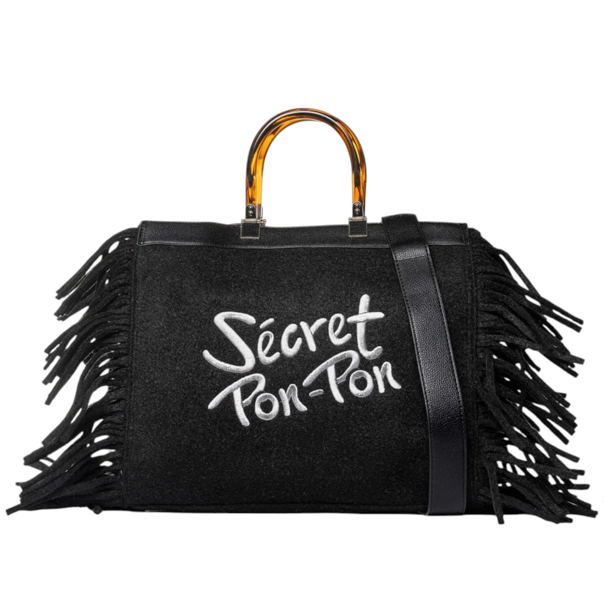 Secret Pon Pon Jacqueline Tote L Borsa a Mano Donna in Tessuto Nera con Frange