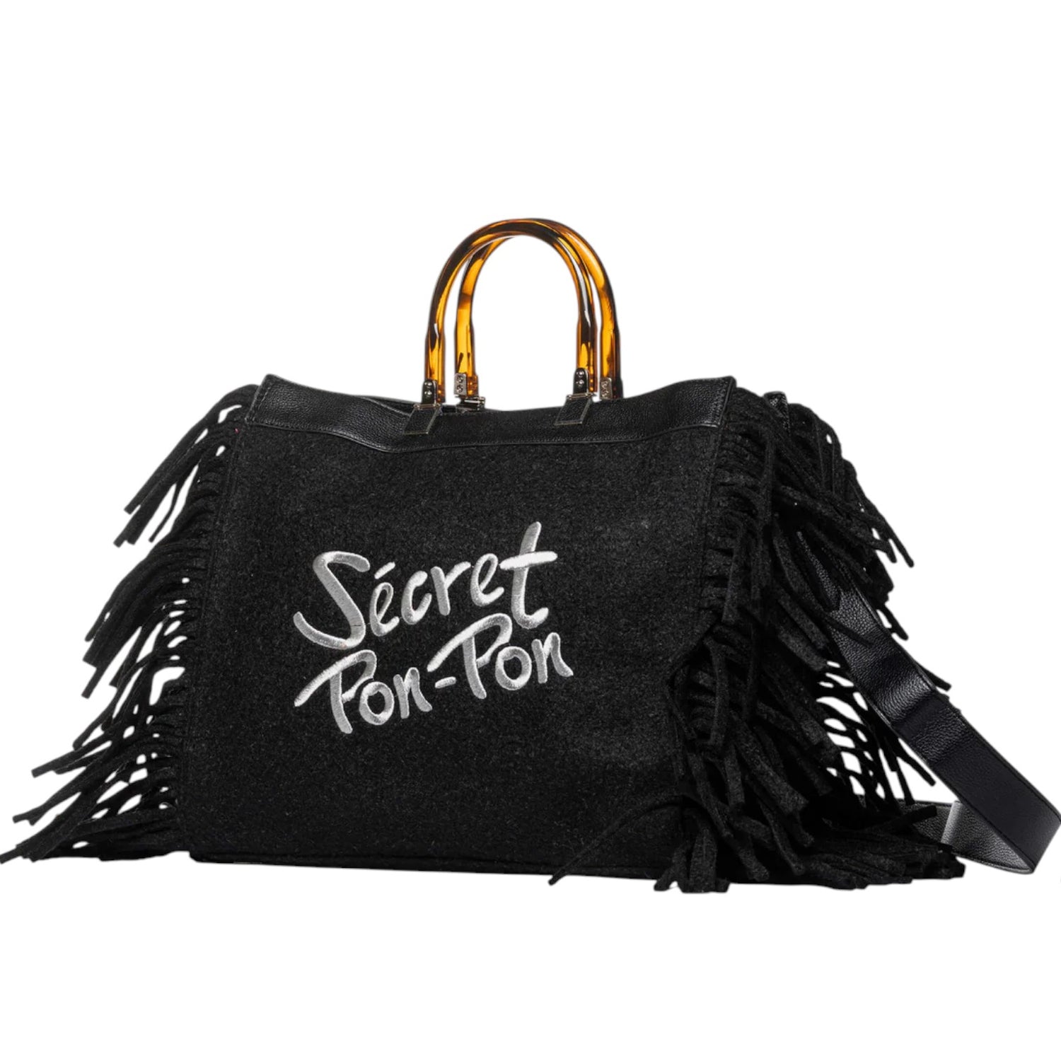 Secret Pon Pon Jacqueline Tote L Borsa a Mano Donna in Tessuto Nera con Frange