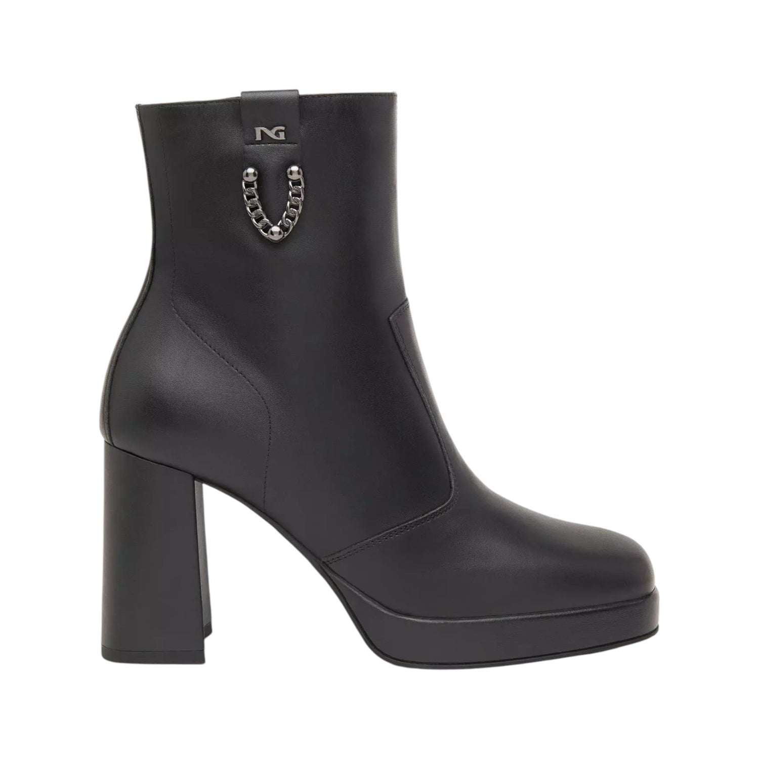 Nero Giardini Stivaletto Donna in Pelle Nera con Catena Laterale e Tacco Largo Alto 90mm