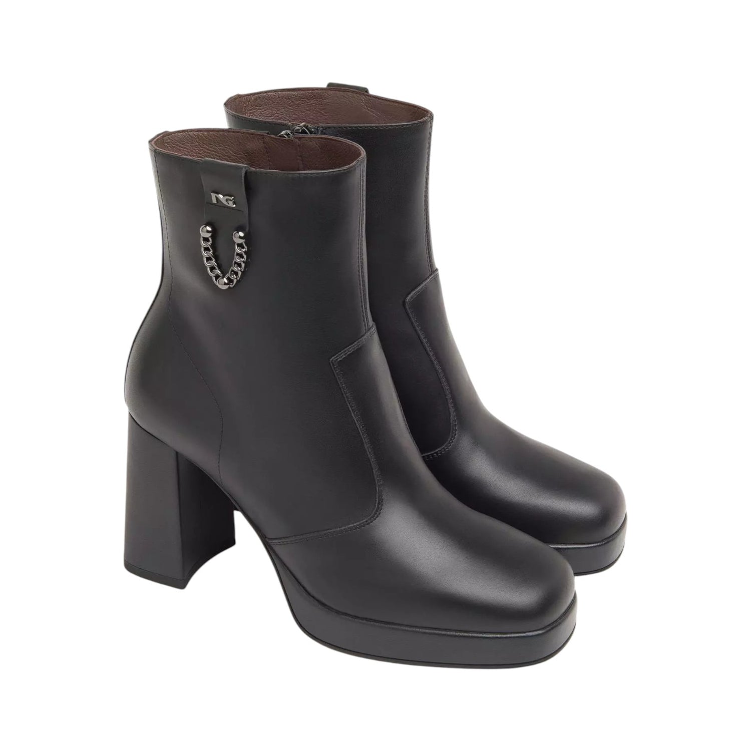 Nero Giardini Stivaletto Donna in Pelle Nera con Catena Laterale e Tacco Largo Alto 90mm