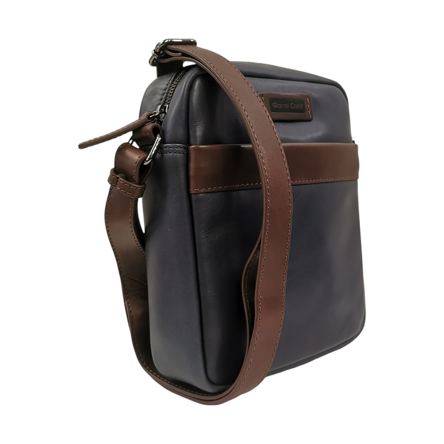 Gianni Conti Borsello Uomo in Pelle Blu Moro con Bottone e Zip