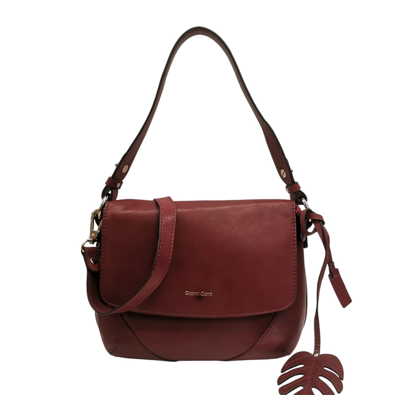 Gianni Conti Borsa a Spalla Donna in Pelle Rubino con Accessorio a Foglia e Bottoncino