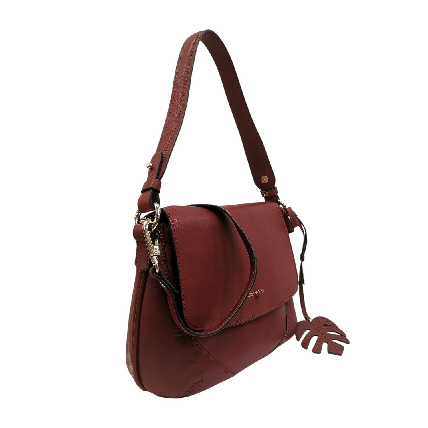 Gianni Conti Borsa a Spalla Donna in Pelle Rubino con Accessorio a Foglia e Bottoncino
