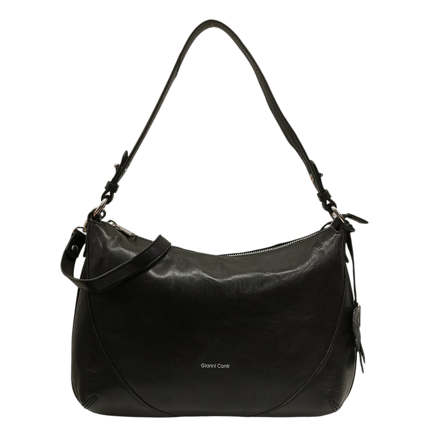 Gianni Conti Borsa a Spalla Donna in Pelle Nera con Accessorio a Foglia e Tracolla