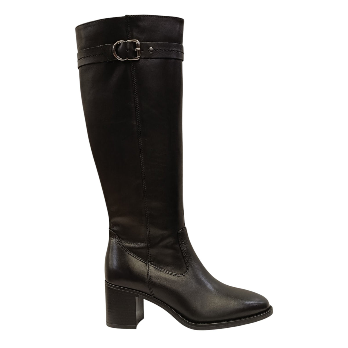 Francesco Brunelli Stivale Donna in Pelle Nera con Fibbia Laterale e Tacco Largo Alto 70mm