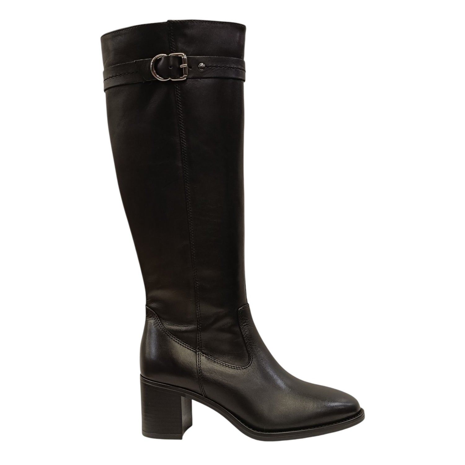 Francesco Brunelli Stivale Donna in Pelle Nera con Fibbia Laterale e Tacco Largo Alto 70mm