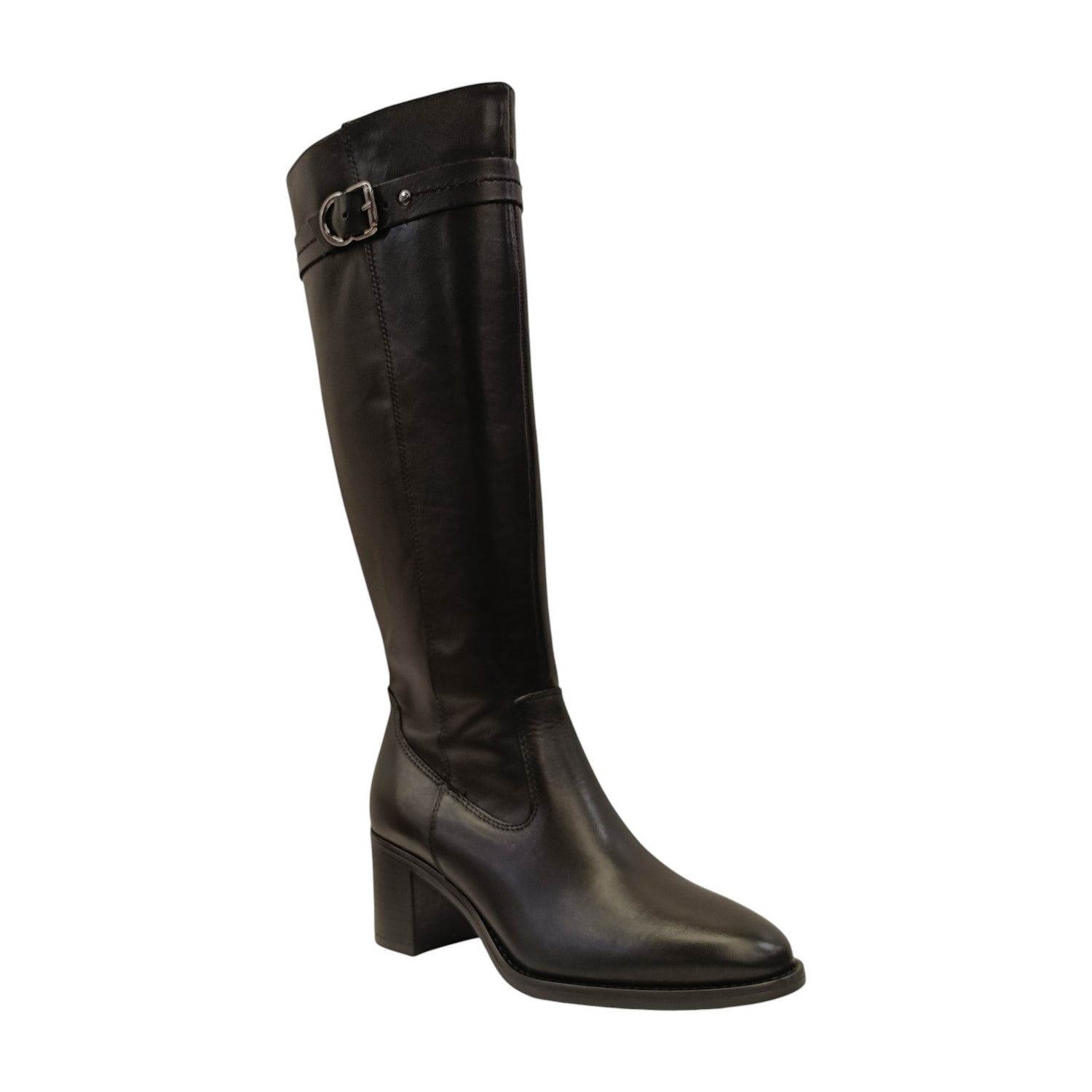 Francesco Brunelli Stivale Donna in Pelle Nera con Fibbia Laterale e Tacco Largo Alto 70mm