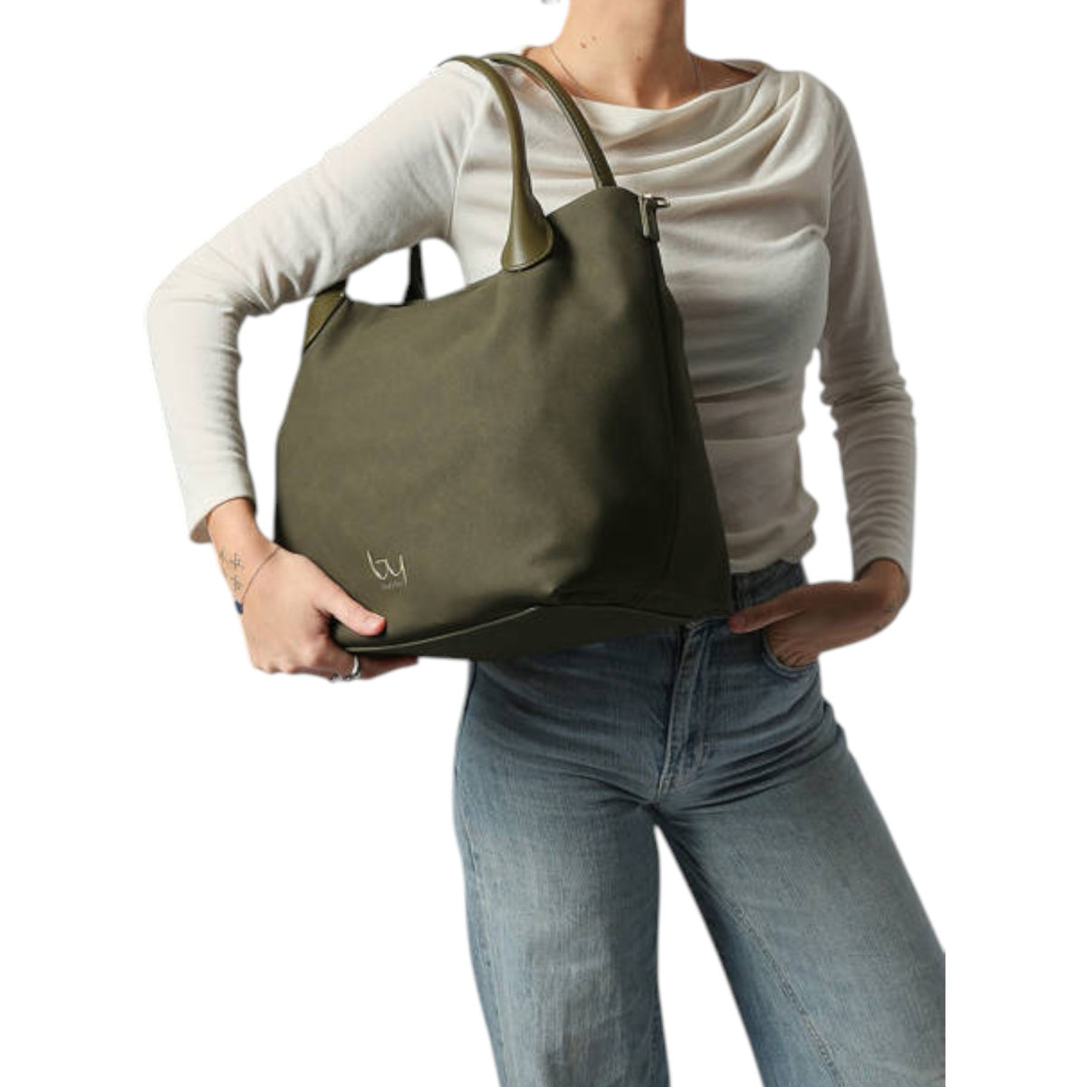 By Byblos Borsa a Spalla Donna in Camoscio Sintetico e Ecopelle Verde con Tracolla