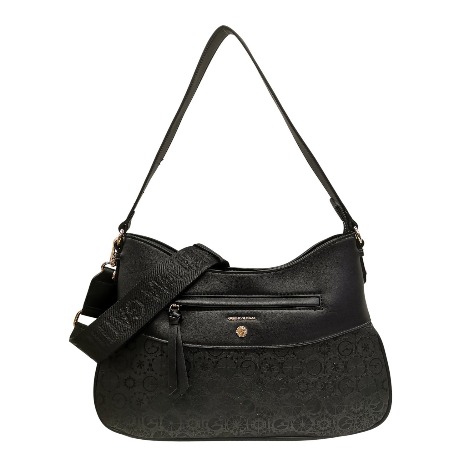 Gattinoni Roma Borsa a Spalla Teodosia Casual Donna in Ecopelle Nero con Tracolla Logata in Tessuto
