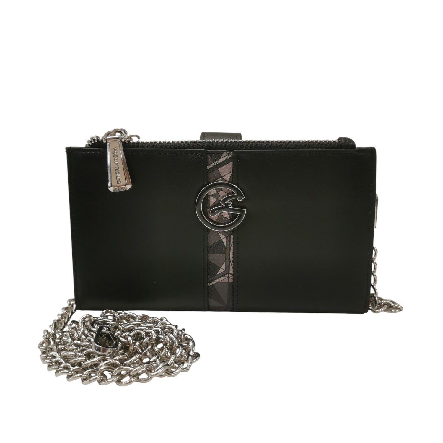 Gattinoni Roma Portafoglio Donna con Doppia Zip in Ecopelle Nero Fumo con Catena e Chiusura con Bottone