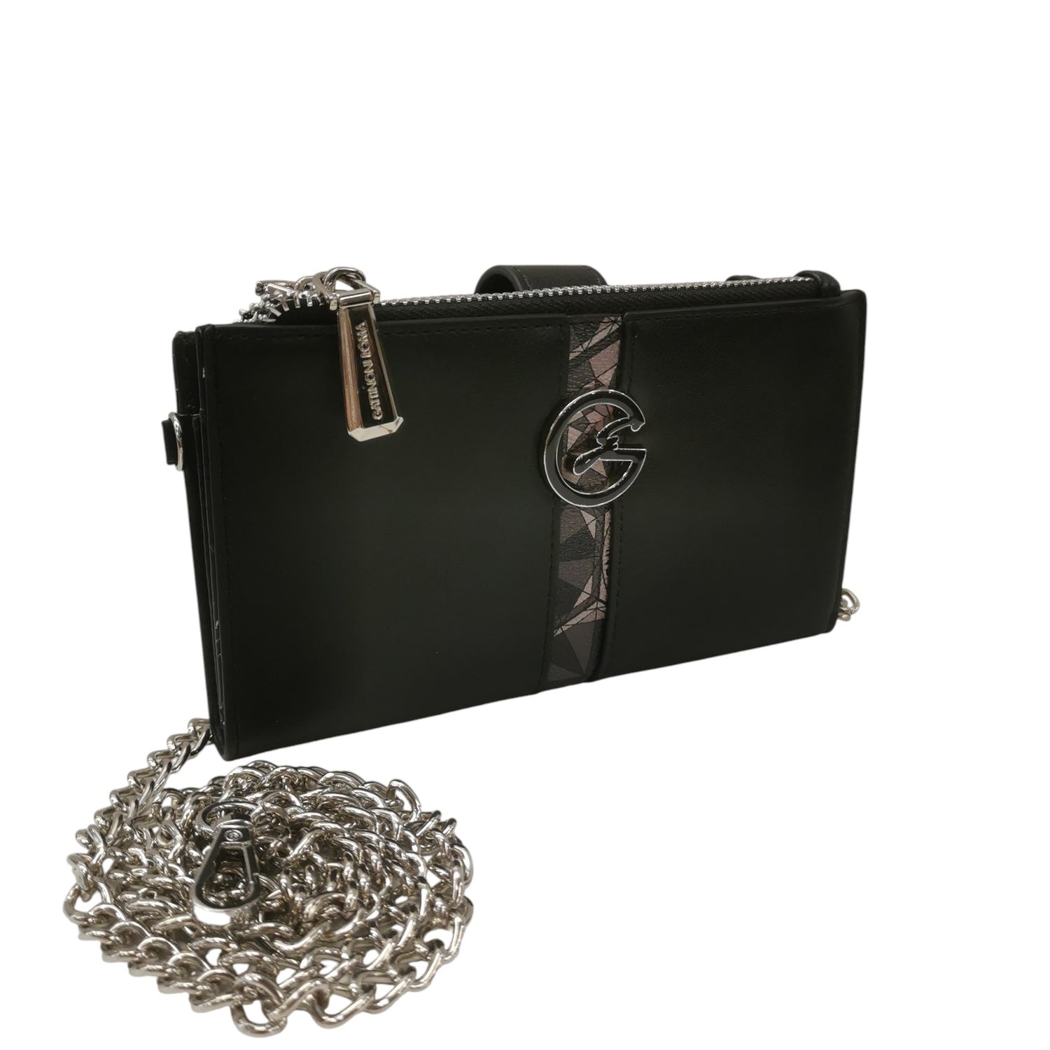 Gattinoni Roma Portafoglio Donna con Doppia Zip in Ecopelle Nero Fumo con Catena e Chiusura con Bottone